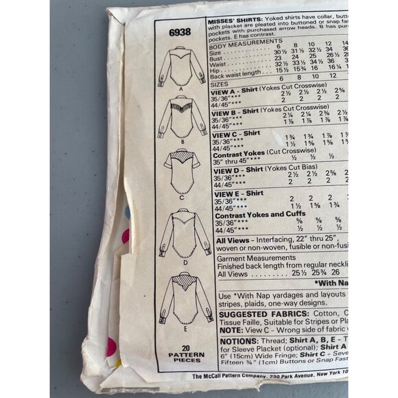 80s McCalls 6938 Misses Western Shirts Sewing Pattern Size 12 Vintage Rodeo CUT - Picture 4 of 7